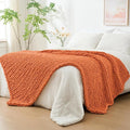 Bigacogo Chunky Knit Throw Blanket for Couch, 40x80 inches, 100% Hand Knitted with Thick Jumbo Chenille Yarn, Cozy Soft Large Rope Knot Cable Crochet Blankets for Sofa Bed Living Room, Terracotta