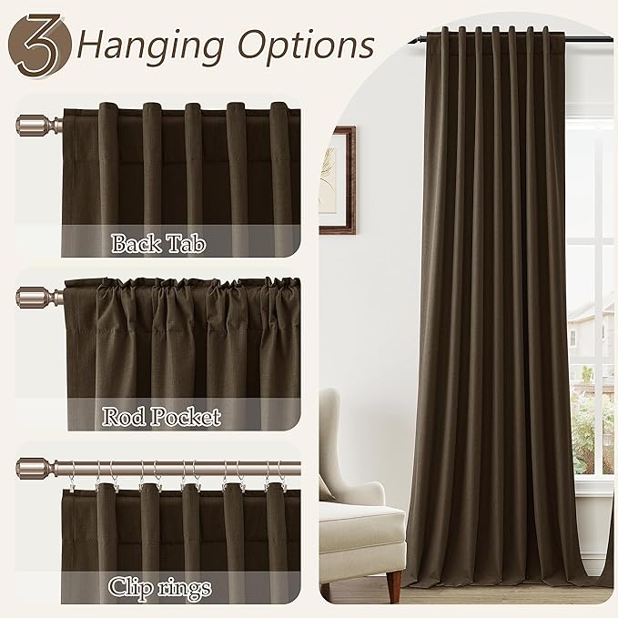 Guken 100% Blackout Curtains 84 Inch Length 2 Panels Set for Living Room Bedroom Back Tab Thermal Insulated Black Out Linen Drapes Room Darkening Chocolate,52x84