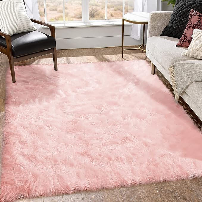 Goolela Pink Area Rug 6x9 Fluffy Fuzzy Furry Sheepskin Rug for Girls Bedroom Faux Fur Shag Carpet Soft Plush Rectangle