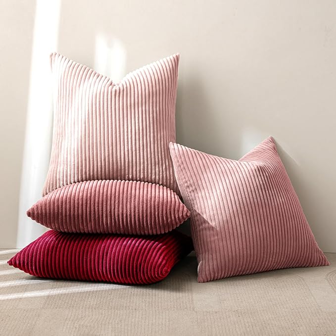 MIULEE Boho Farmhouse Throw Pillow Covers 18x18 Inch Set of 4 Romantic Decorative Cushion Covers Spring Corduroy Home Decor for Feminine Valentines Couch Bed Sofa Living Room Aesthetic Pink