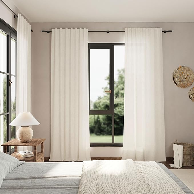 Nanspring Cream Linen Back Tab Curtains 86 Inch Length for Living Room 2 Panel Set Farmhouse Window Semi Sheer Linen Drapes Rustic Pinch Curtain for Bedroom 52X86