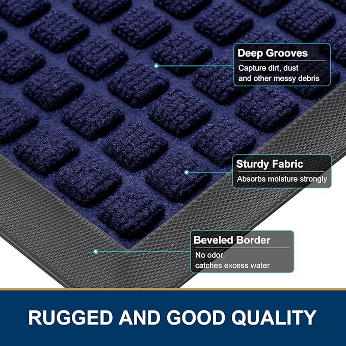 Smiry Front Door Mat Outside Entrance, Heavy Duty Natural Rubber Doormat, Non Slip, Trap Dirt and Moisture, Easy Clean, Low Profile Welcome Floor Mats for Indoor Outdoor Entry, 35x23 Inch, Navy Blue