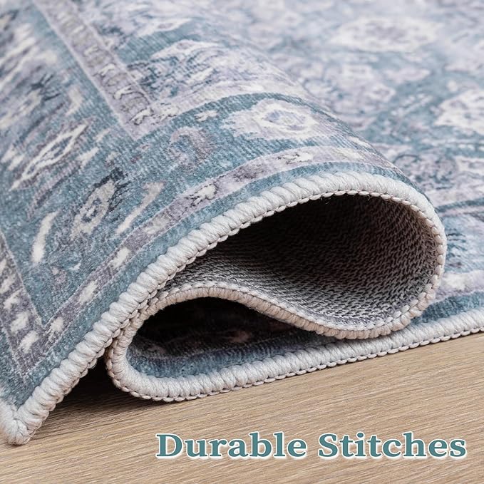 SERISSA Boho 8x10 Area Rugs Blue Grey, Washable Vintage Floral Large Living Room Rug Non-Slip, Ultra Soft Oriental Print Distressed Farmhouse Carpet for Dining Room Bedroom Dorm Office Home Decor