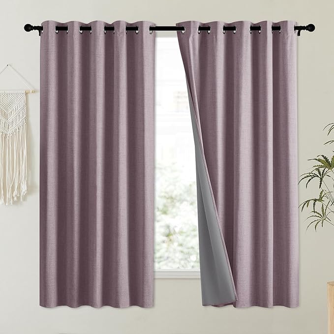NICETOWN Chaise Mauve Vintage Linen 100% Blackout Curtains for Kitchen, Thermal Insulated Curtains 63" Long, Noise Reducing Window Treatment Drapes for Dorm Room, 62" Wide Per Panel, Set of 2