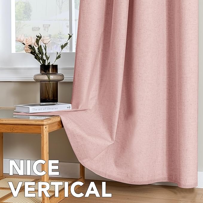 H.VERSAILTEX Linen Curtains 100% Blackout Curtains for Bedroom 108 inch Long Full Light Blocking Nature Linen Blended Window Curtains for Living Room Nickel Grommet (2 Panels, Heathered Baby Pink)