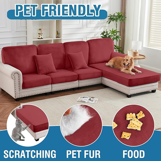 Couch Cover 3-Piece Elastic Velvet Couch Cushion Covers & Chaise Slipcovers for L-Shaped Sofas, Sofa Seat Covers Washable, Soft Cover for Couches (2 Seater + Chaise, Christmas Red)