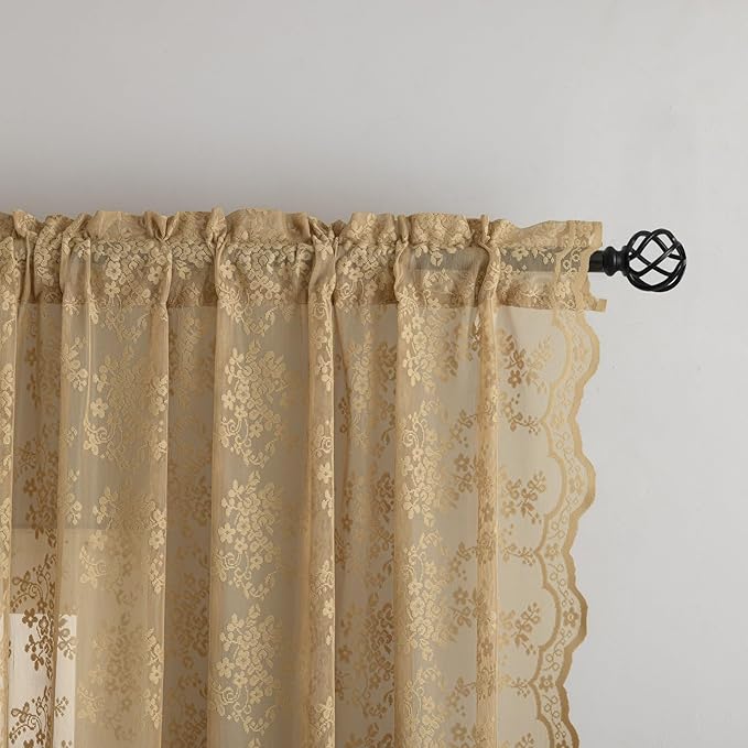 YJ YANJUN Vintage Lace Curtains 96 Inches Long-Victorian Floral Pattern Tan Sheer Curtain Panels for Living Room Bedroom,Light Filtering, Rustic Farmhouse Neutral Decor 2 Panels 52W x 96L Taupe