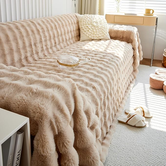 HANDONTIME Plush Sofa Slipcovers Washable Couch Cover for Sofa Super Soft Faux Fur Sofa Covers for 3 Couch Cousion Soild Khaki Rabbit Plush Couch Cushion Covers for Kids Pets,71" X134"