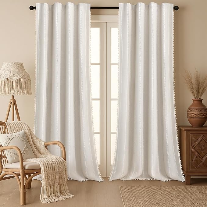 Boho 80% Blackout Curtains with Gray Liner 96 Inches Long 2 Panels Set, Beige Linen Blend Drapes with Tassels and Cotton Embroidered for Living Room Bedroom