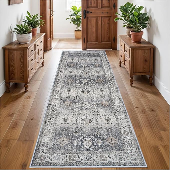 Washable Runner Rug 3x8 - Hallway Runner Rug Kitchen Rugs and Mats Non Skid Washable Waterproof Carpet Runner for Living Room Bedroom Bathroom (Grey, 3X8)