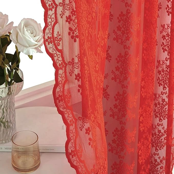 YJ YANJUN Vintage Lace Curtains 72 Inch Length 2 Panels for Bedroom-Victorian Floral Red Christmas Living Room Curtains with Scalloped Edges Farmhouse Embroidery Rod Pocket Privacy Christmas Decor