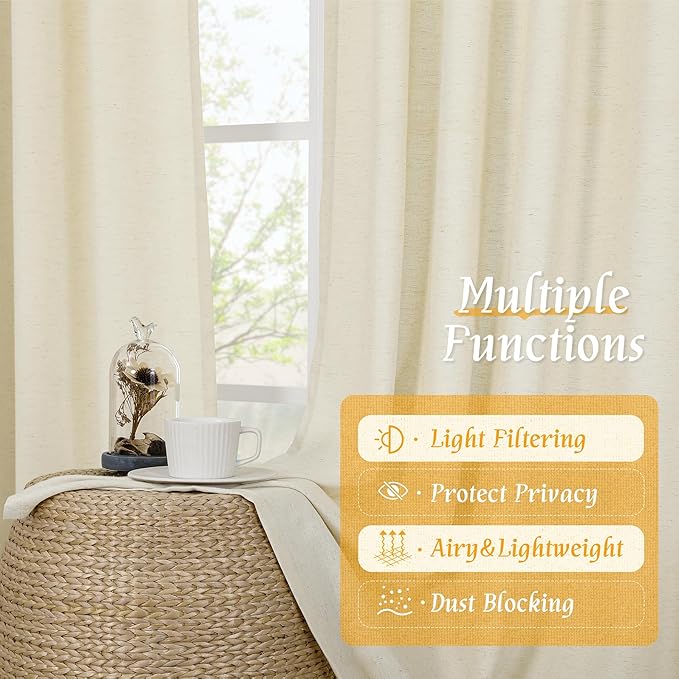 LAMIT Linen Curtains 72 inches Long for Living Room, Soft Thick Linen Privacy Light Filtering Rod Pocket Window Treatments Neutral Drapes for Bedroom, 2 Panels Set, 52 x 72 Inch, Light Beige