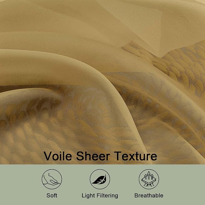 OWENIE Gold Sheer Curtain 90 Inches Long 2 Panels Set, Solid Filmy Drapes for Living Room Bedroom, Elegant Window Voile Sheer Curtain Panels Drapes, 2 Pcs, Each 59" Wx90 L Inch