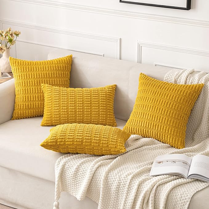 MIULEE Pack of 2 Corduroy Decorative Throw Pillow Covers 12x12 Inch Soft Boho Striped Pillow Covers Modern Farmhouse Home Decor for Summer Sofa Living Room Couch Bed Mustard Yellow