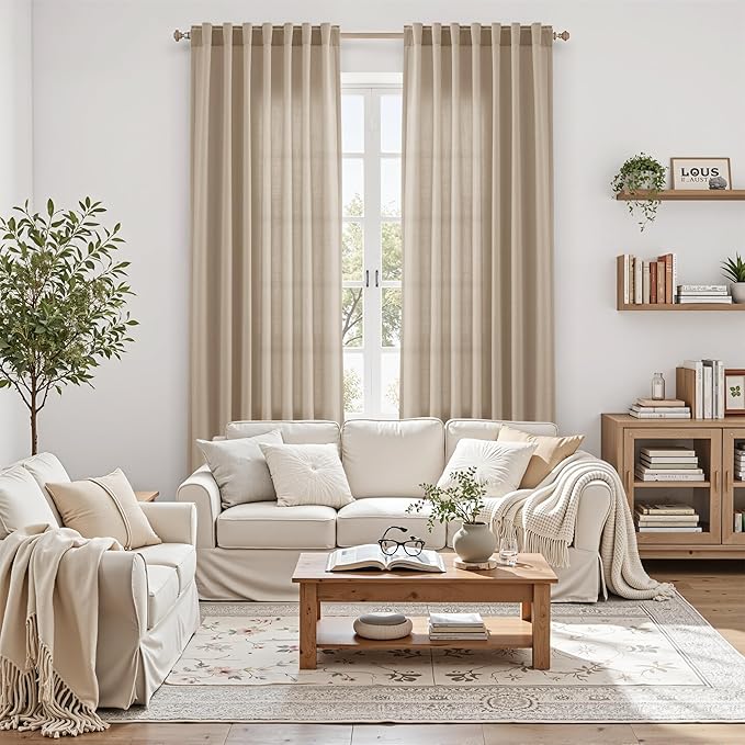 Nanspring Sepia Beige Linen Curtains 96 Inches Long for Living Room Rustic Farmhouse Decor Light Filtering Semi Sheer Curtain Back Tab Neutral Modern Luxury Drapes for Bedroom Office 52x96, 2 Panels