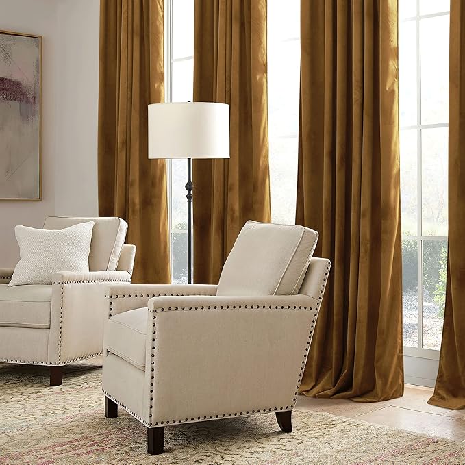 RYB HOME Brownish Gold Velvet Curtains 108 inch, Retro Vintage Room Darkening Window Curtains for Living Room Drafts Block Privacy Shades for Bedroom Playroom Home Theater, W52 x L108 inch, 2 Panels