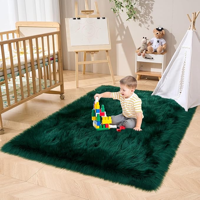 EasyJoy Ultra Soft Fluffy Shaggy Area Rug Faux Fur Rug Chair Cover Seat Pad Fuzzy Area Rug for Bedroom Floor Sofa Living Room (4 x 6 ft Rectangle, Dark Green)