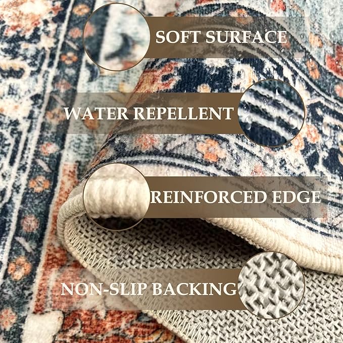 Area Rugs 2'x8' Runner Rug Non Slip Washable for Kitchen Hallway Bedroom Beside Laundry Room Bathroom Rug, Floor Carpet, Beige Navy Blue Orange Colorful