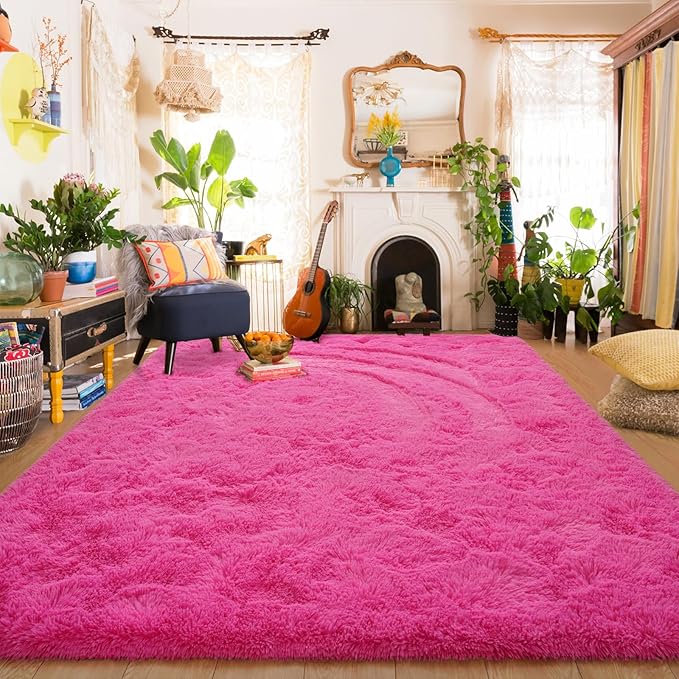 Amearea Shag Fluffy Area Rug for Bedroom Girls Living Room, Extra Soft and Fuzzy Shaggy Rugs, Non Slip, Solid Color Carpet Mat for Boys Nursery Home, Hot Pink 5.3x7.5 Feet