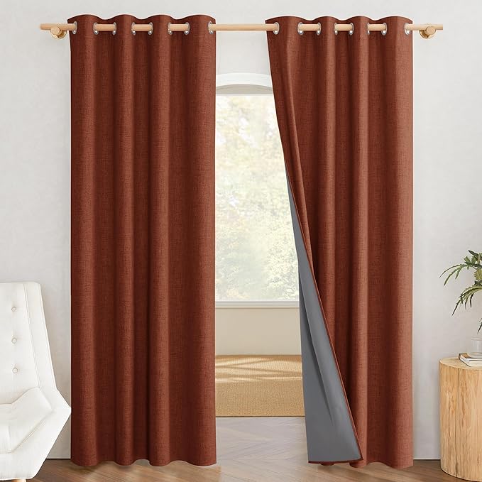 NICETOWN 100% Absolutely Blackout Linen Curtains with Thermal Insulated Liner, 52" Wide, 2 Panels, 90" Long Drapes, Grommet Retro Burnt Orange Linen Curtains Vertical Drapes Privacy for Bedroom