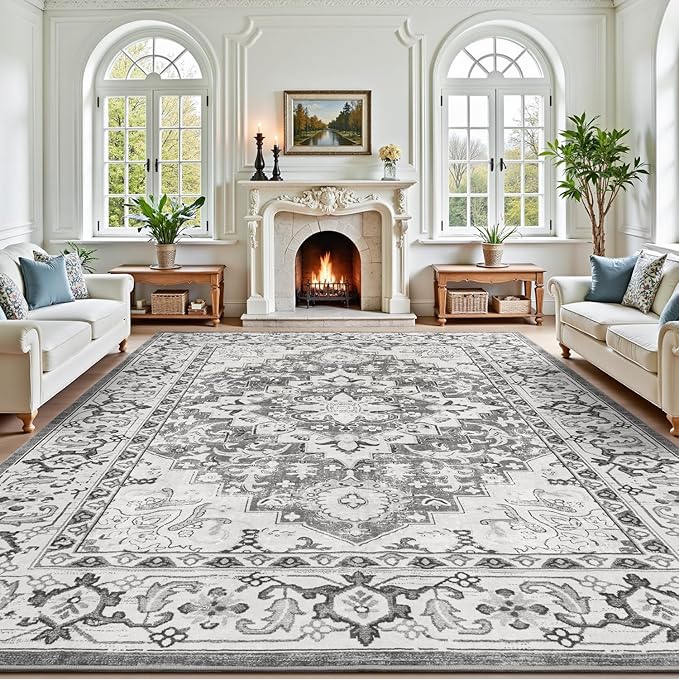 Lofus 8x10 Area Rugs for Living Room, Washable Area Rug, Rugs for Bedroom, Kitchen, Vintage Boho Carpet, Soft Non-Slip, Low Pile Large Area Rug for Office Dining Room, Floral Grey