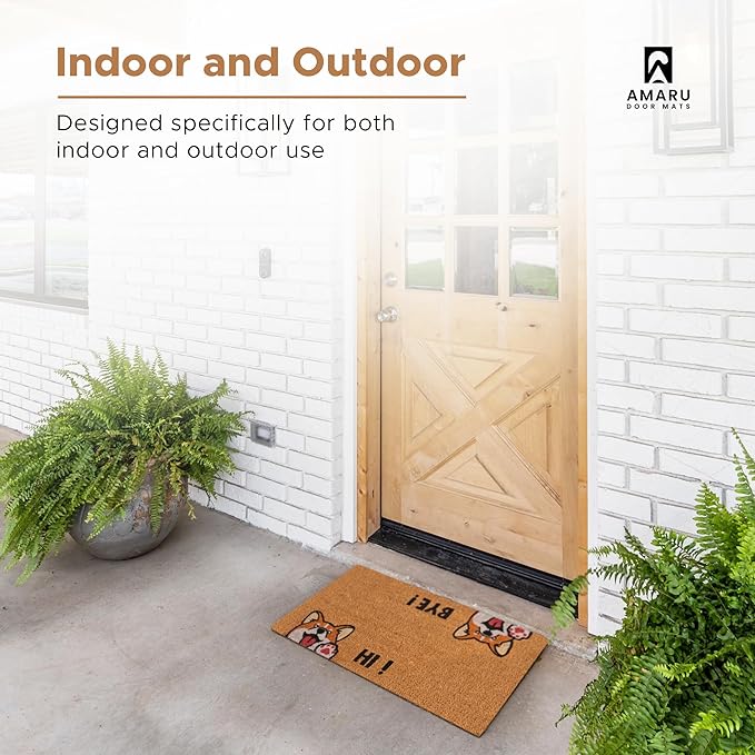 Hi-Bye Dog - 24"x36" - Coir Door Mat with Heavy Duty Backing - Welcome Mats for Entryway, Porch - Anti-Slip PVC & Coconut Fiber Surface - Natural Home Accessories, Minimalist Original Design