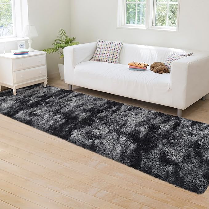 Tie-Dyed Runner Rug for Bedroom Black Grey 2x8ft Fluffy Area Rug Bedside Runner Rug for Kids Room Boys Teens Nursery Baby Living Room Dorm Home Decor Carpets