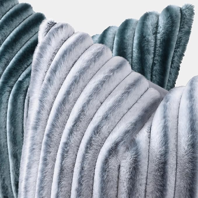 decorUhome Cozy Faux Fur Throw Pillow Covers 22x22 Set of 2 Decorative Soft Plush Striped Modern Farmhouse Boho Couch Euro Sham Pillow Cases with Velvet Back for Sofa Bed Living Roomr, Blue Grey