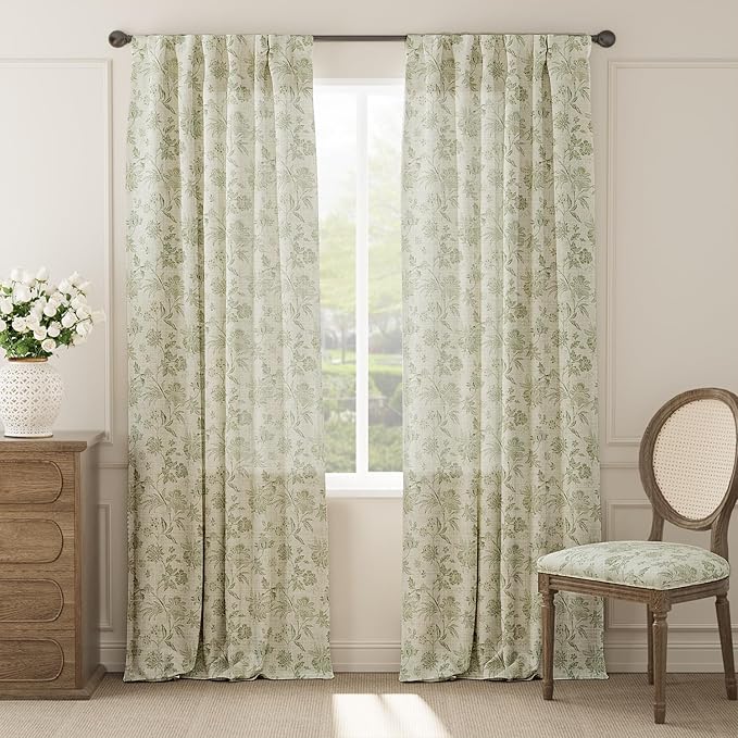 jinchan Linen Floral Curtains for Living Room with Printed Flower 108 Inches Long Light Filtering Extra Long Back Tab Rod Pocket Sage Green Window Curtain Set Farmhouse Drapes, 2 Panels