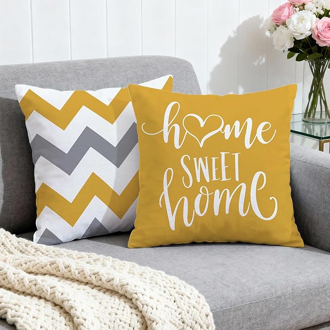 Hexagram Geometric Yellow Pillow Covers 18x18 Set of 4, Decorative Outdoor Boho Modern Throw Pillow Covers, Home Sweet Home Farmhouse Cushion Case for Couch Sofa Bedroom Indoor Decor(No Insert)