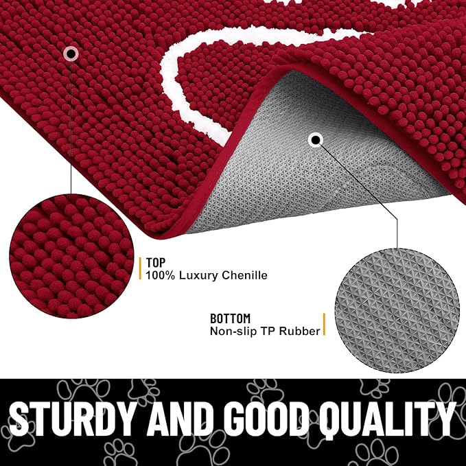 Smiry Dog Door Mat for Muddy Paws, Absorbent Dirt Trapper Non Slip Quick Dry Washable Chenille Mat for Mud Dogs, Entry Rug for Indoor and Outdoor (30x20 Inches, Red and White)