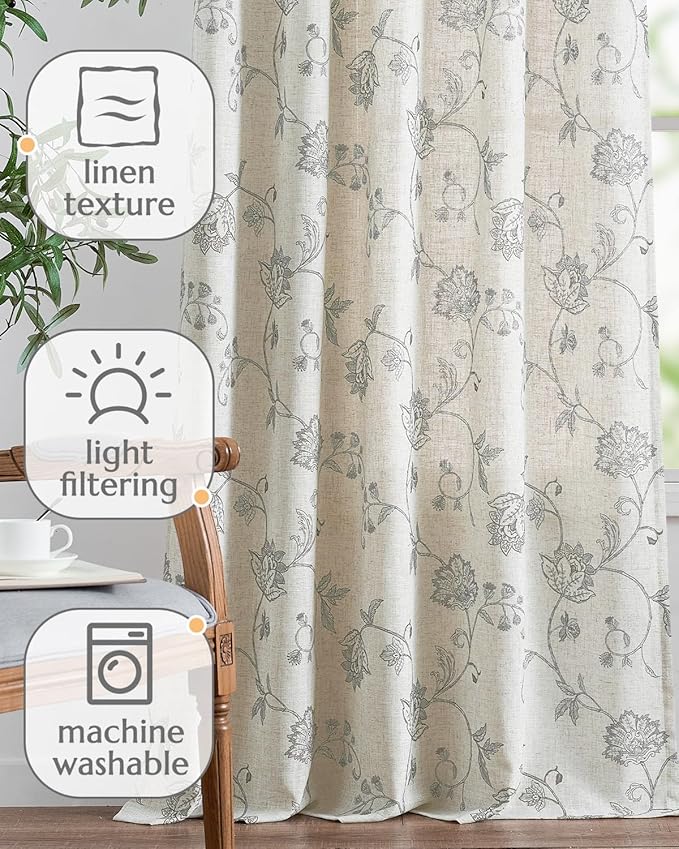 jinchan Linen Curtains Floral Curtains 96 Inch Length for Living Room Bedroom Light Filtering Rod Pocket Back Tab Jacobean Curtains Flax Linen Texture Window Drapes Set 2 Panels Dark Grey on Linen
