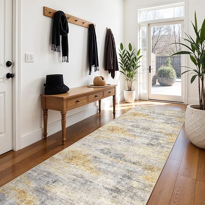 3x10 Washable Kitchen Runner Rug: Modern Abstract Runners for Hallway Soft Non Slip Rugs with Rubber Backing Low Pile Thin Floor Carpet for Entryway Bedroom Bathroom Bedside Indoor(Grey/Yellow,3x10)