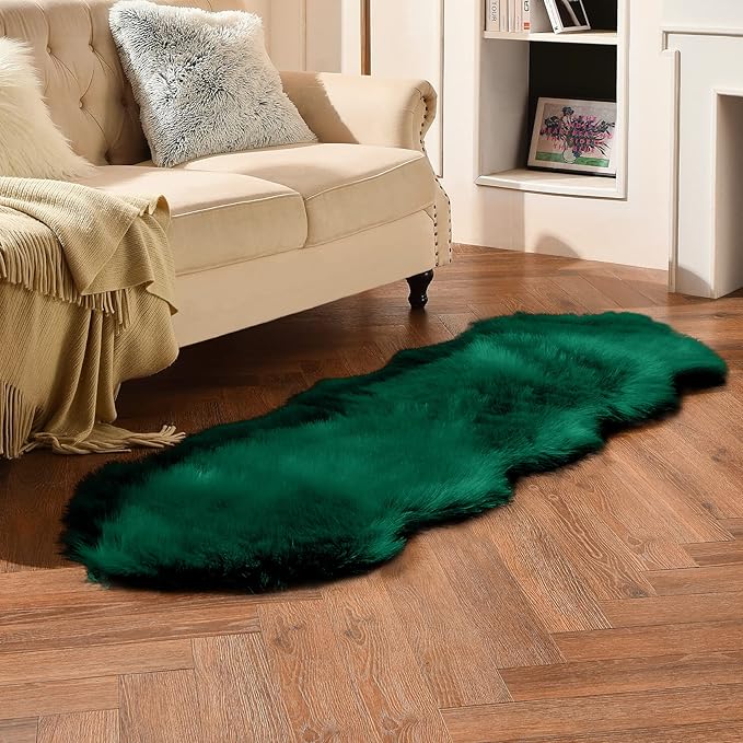 duduta Emerald Green Faux Sheepskin Runner Rug 2x6 ft, Fluffy Shag Bedroom Dorm Rug Decor Fur Couch Sofa Covers Washable