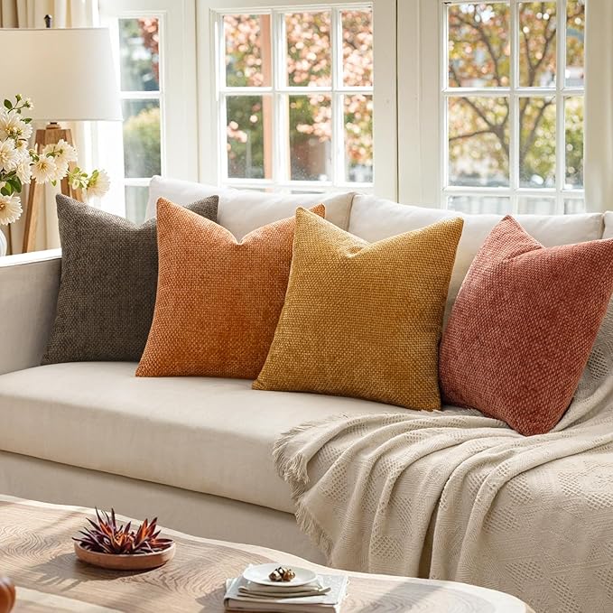 MIULEE Pack of 4 Orange/Yellow Couch Throw Pillow Covers 20x20 Inch Halloween Soft Decorative Chenille Pillows Farmhouse Accent Cushions for Boho Home Decor Spring Sofa Bedroom Living Room
