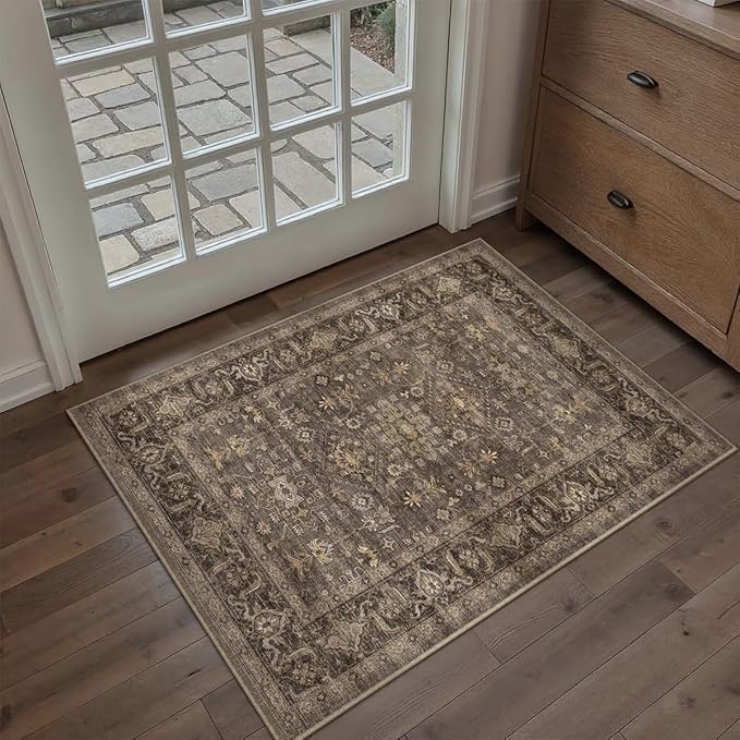 2x3 Washable Area Rug for Entryway Kitchen Vintage Brown Non Slip Low Pile Door Mat Traditional Retro Soft Small Carpet for Bathroom Bedroom Indoor Entrance Dorm