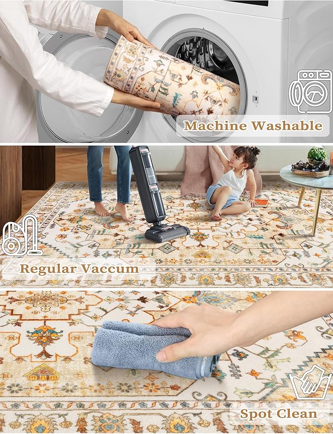 SERISSA Boho Washable Runner Rug, 2'6"x8' Rug Runner Non-Slip Vintage Light Yellow Hallway Kitchen Runner Rug Ultra Soft Print Distressed Floor Carpet Runner for Bedroom Bathroom Laundry Room