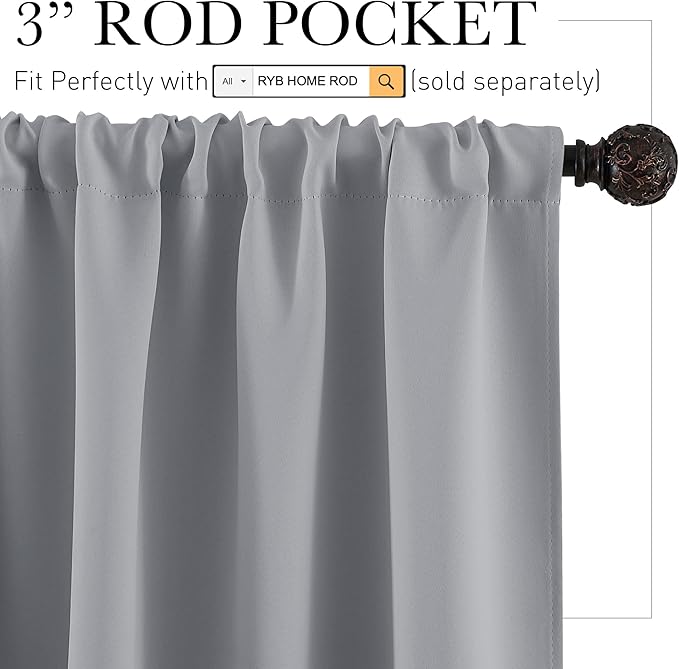 RYB HOME Kitchen Blackout Curtains Over Sink 36 inch Length, Rod Pocket Summer Light UV Blocking Energy Efficient, Cabinet Shelf Cupboard Coverings, Width 29 by Length 36, Silver Grey, 2 Panels