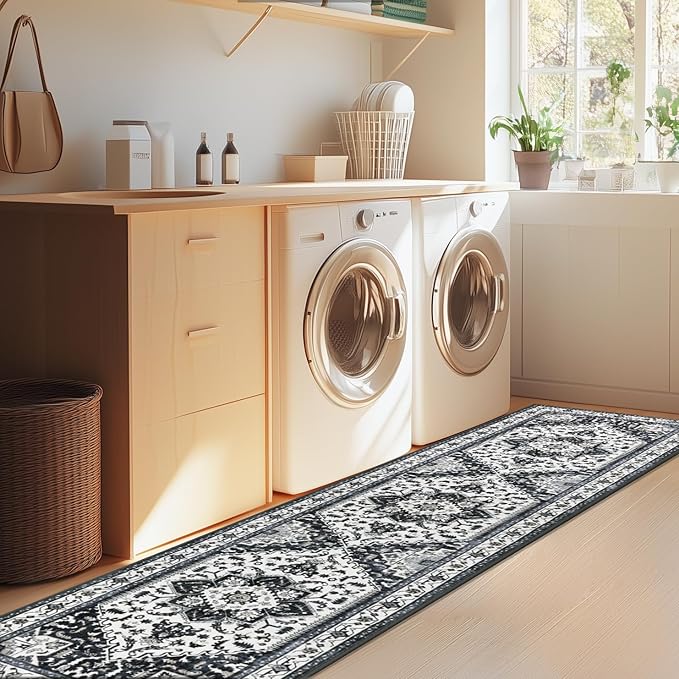Yamaziot Washable Runner Rug, 2x8 Non-Slip Boho Vintage Hallway Rug Runner with Rubber Backing, Stain Resistant & Low Pile Faux Wool Distressed Carpet Runner for Bedroom, Kitchen, Laundry, Entrance