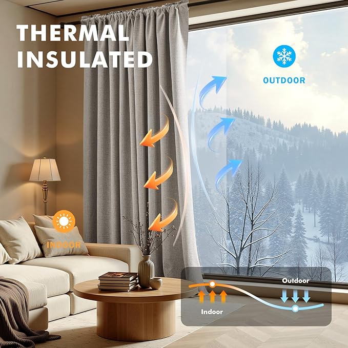 MIULEE 100% Blackout Linen Curtains for Bedroom, Greige Solid Luxury Decor Thermal Insulation Room Darkening Drapes for Living Room Nursery Back Tab Rod Pocket 42 x 90 Inches, 2 Panels
