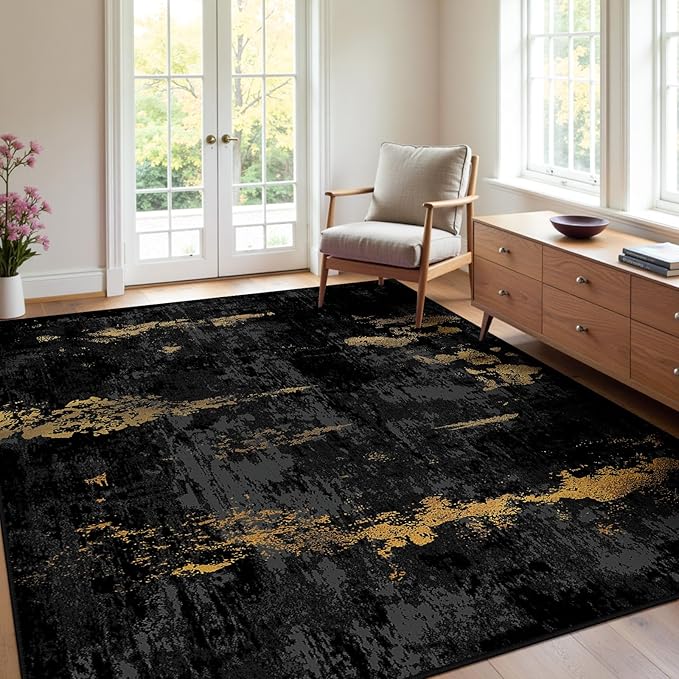 Washable Area Rugs 4'x6' Non-Slip Modern Abstract Soft for Living Room Entryway Bedroom Nursery, Print Pattern, Dark Black Gold