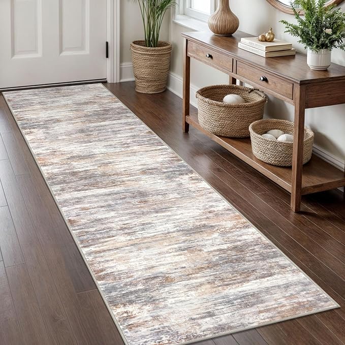 KOZYFLY Modern Abstract Hallway Runner Rug, 2x8 Kitchen Rugs Non-Slip Washable Soft Striped Kitchen Runner Rugs, Print Multi Grey/Orange Carpet Runner for Entryway Bathroom