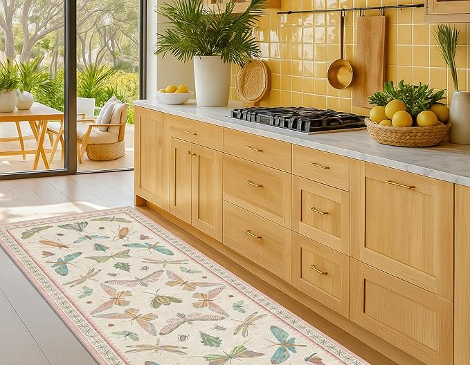 Insect Print 8ft Long Hallway Runner Rug - Light Green Rug for Kitchen Floor, 2'6''x8' Entryway Runner Rug, Washable Non Slip with Rubber Backing, Cool Butterfly Indoor Decor