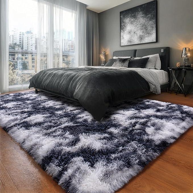 Black and White Rug for Living Room, 6x9 Area Rug for Bedroom, Bedside Indoor Floor Fluffy Shag Carpet, Plush Soft Rug for Boys Girls Kids Room Nursery Dorm Home Decor