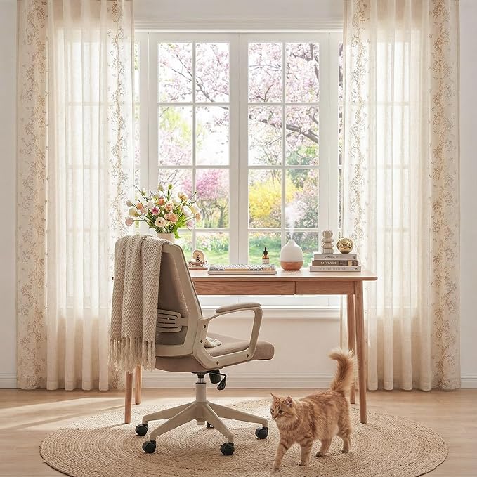 jinchan Evelyn Embroidered Linen Curtains for Living Room Farmhouse Floral Curtains for Bedroom Semi Sheer Light Filtering Window Drapes Rod Pocket Back Tab 2 Panels W50 x L96 Beige