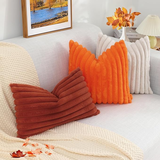 decorUhome Cozy Faux Fur Throw Pillow Covers 20x20 Set of 2 Decorative Soft Plush Striped Modern Farmhouse Boho Couch Pillow Cases with Velvet Back for Sofa Bed Living Room, Rust