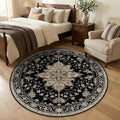 Area Rugs 5ft Washable Non-Slip, Floral Vintage Distress Print Pattern Medallion Carpet for Living Room Bedroom Dining Room, Black Brown Neutral Dark Tan