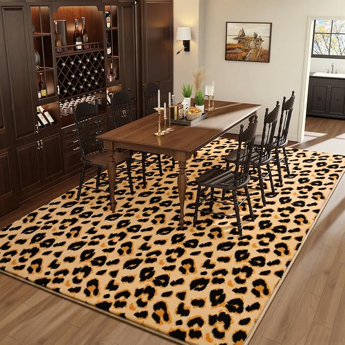 Amearea Soft Leopard Rugs for Bedroom Living Room, 4x6 Modern Cheetah Print Thickened Memory Foam Rug, Fluffy Indoor Washable Animal Rug Carpet for Kids Boys Girls Dorm Nursery Room Home Decor, Khaki