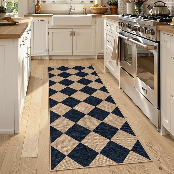 Lahome Colette Checkered Easy Jute Runner, 2x6 Kitchen Runner Rug Non Slip Washable Outdoor Rug for Entryway Indoor, Checkerboard Black Indoor Outdoor Carpet for Hallway 6ft Entry Front Door