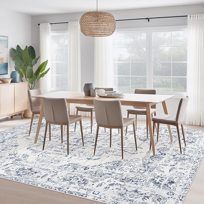 6x9 Area Rugs for Living Room: Washable Rug Vintage Large Rugs Soft Non Slip Low Pile Rug Floral Distressed Floor Carpet for Bedroom Kitchen Nursery Dining Room Home Office (Blue, 6'x9')